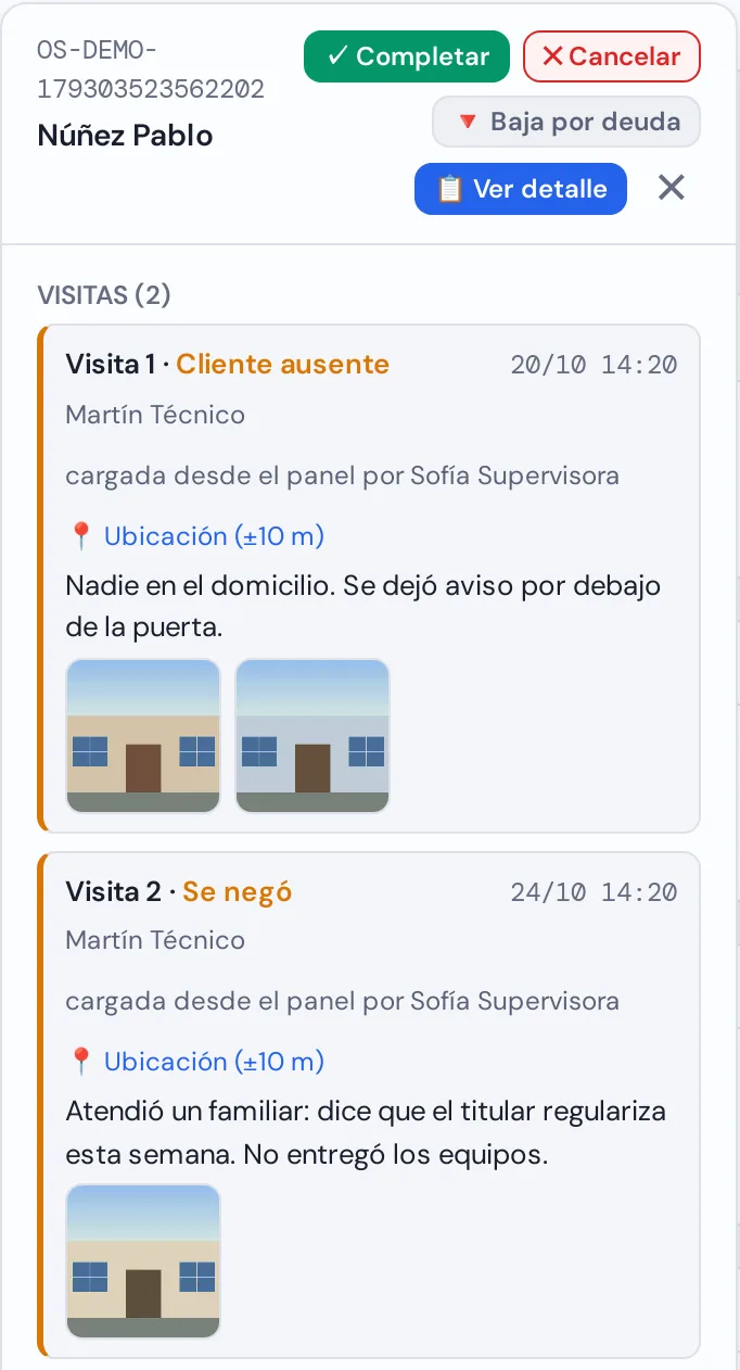 Orden de baja por deuda con dos visitas registradas, fotos del domicilio y notas del técnico