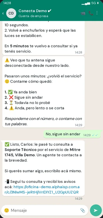 Conversación de WhatsApp: el asistente guía el diagnóstico y pasa el reclamo a Soporte Técnico
