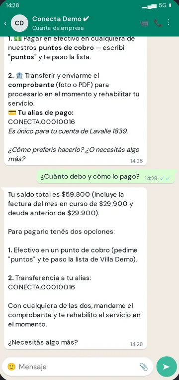 Conversación de WhatsApp: el abonado pregunta cuánto debe y el asistente le informa el saldo y cómo pagar