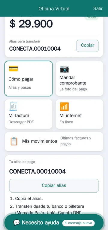 Pantalla de pago con alias para copiar y pasos para transferir