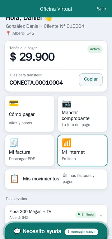 Servicios del abonado con estado en línea y opción de reclamo