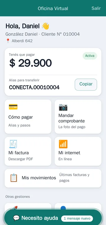 Resumen de cuenta con saldo a pagar y alias para transferir