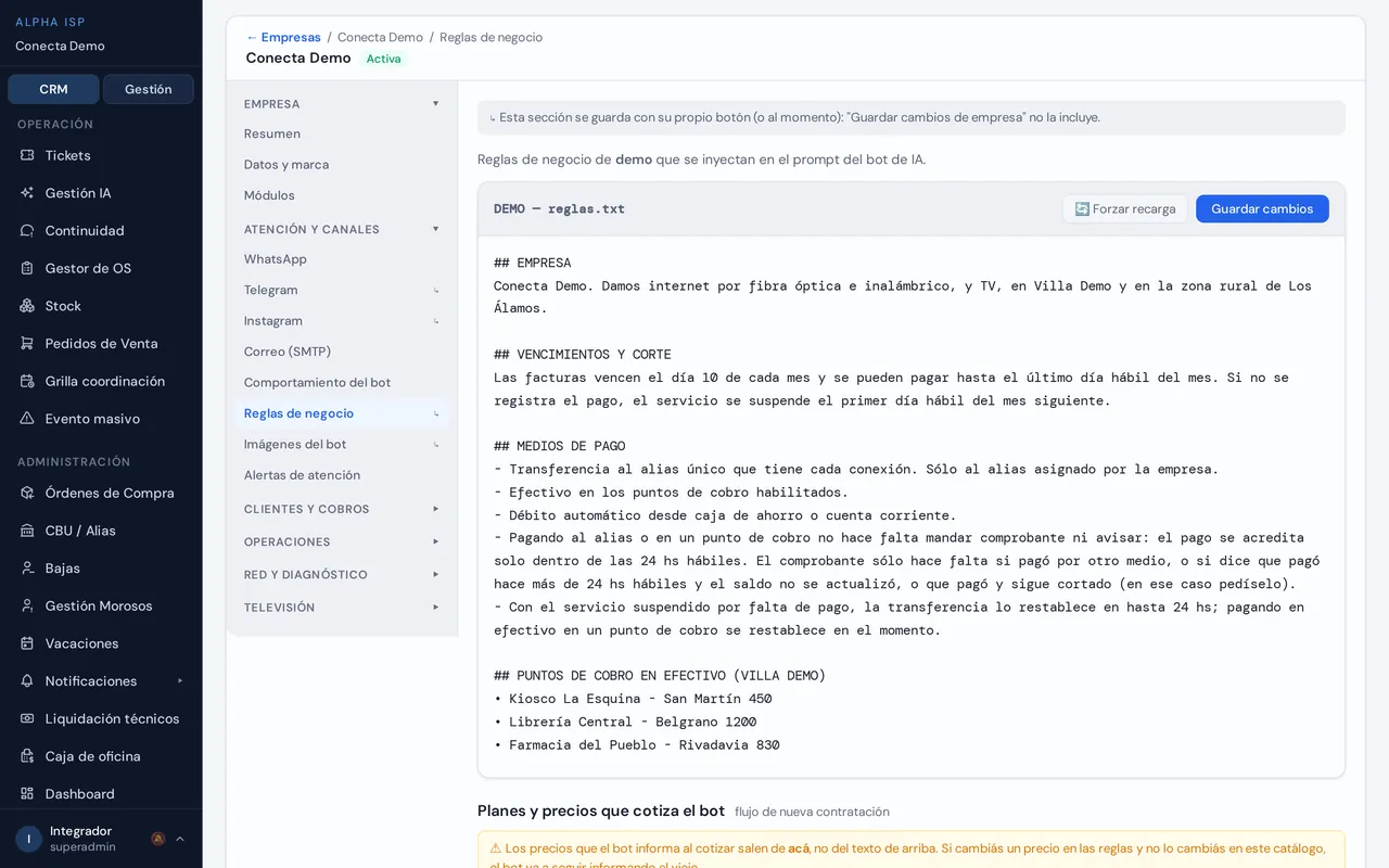 Editor de reglas de negocio del asistente: empresa, vencimientos y corte, medios de pago y puntos de cobro