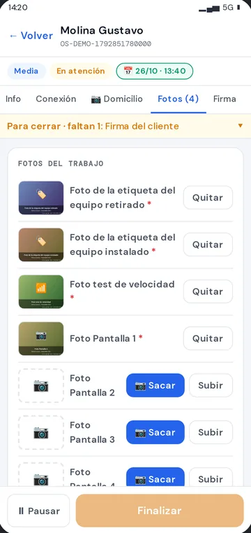 App de técnicos: fotos obligatorias del trabajo antes de cerrar la orden